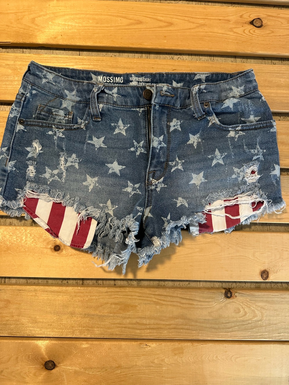 Mossimo Short Womens 8/29 
High Rise Short Denim Blue Medium Wash U.S.A. Theme